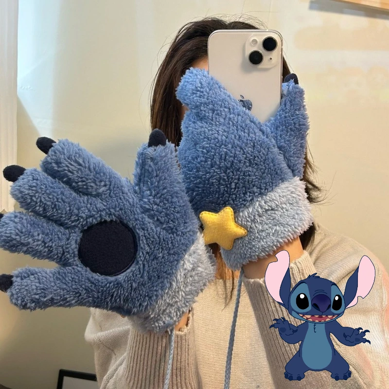 Disney Stitch Winter Women Warm Gloves Anime Plush Windproof Full Finger Mitts Outdoor Cycling Sport Warm Touch Screen Gloves