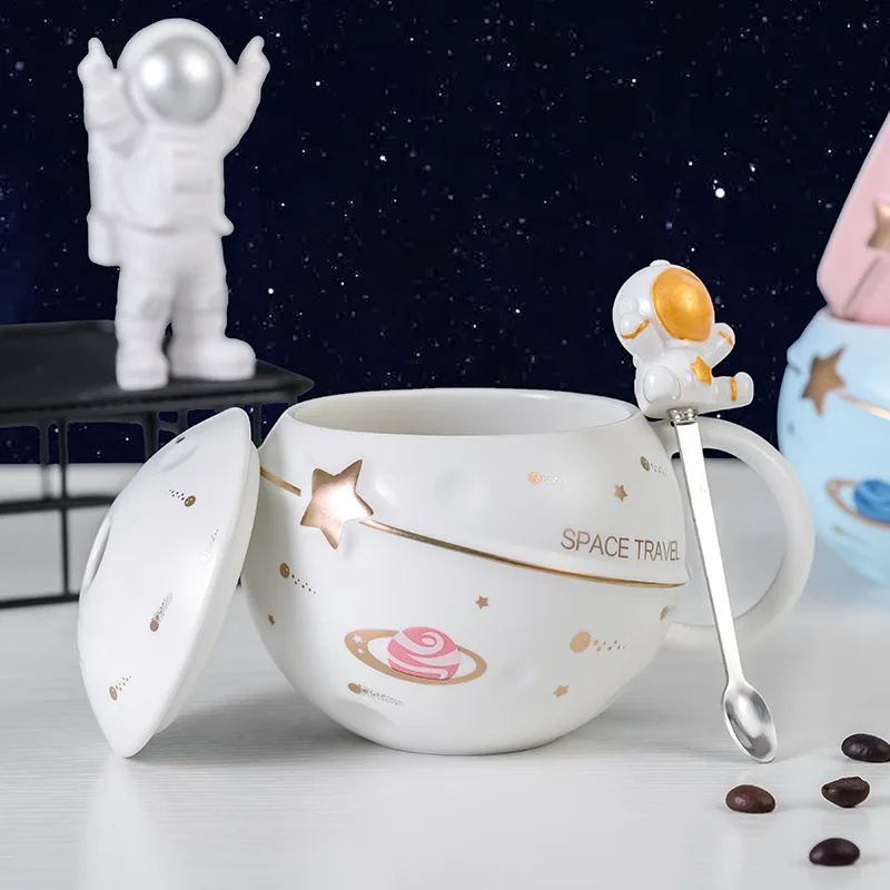 Cartoon Cute Planetary astronauts Cup with Lid Kawaii Ceramic Mug 480ml Coffee Cups Milk Mugs Drinking Straw Water Cup Gift