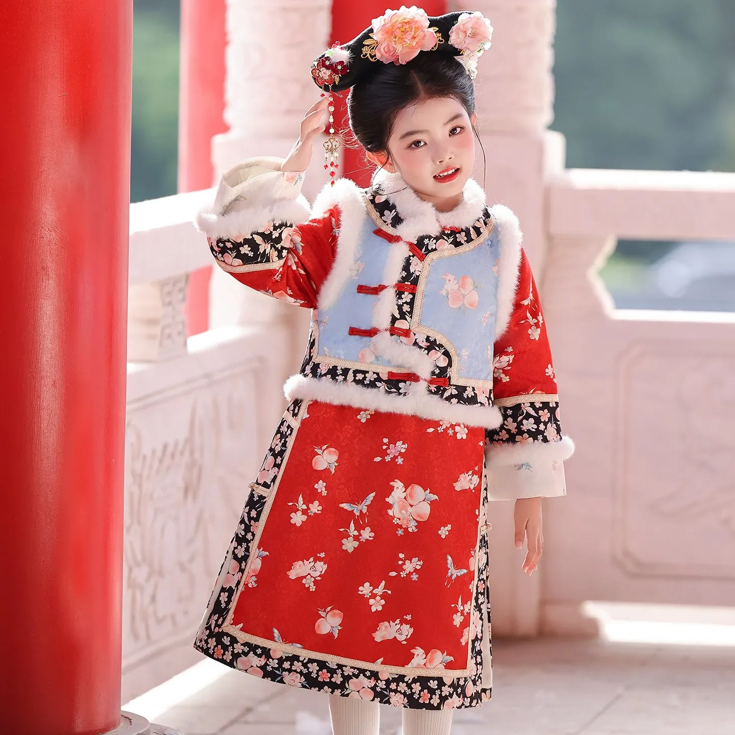 

2025 Winter New Warm Chinese Hanfu Costume Cute Kids Qing Dynasty Princess Dress Ancient Girls Baby Children Birthday Gift