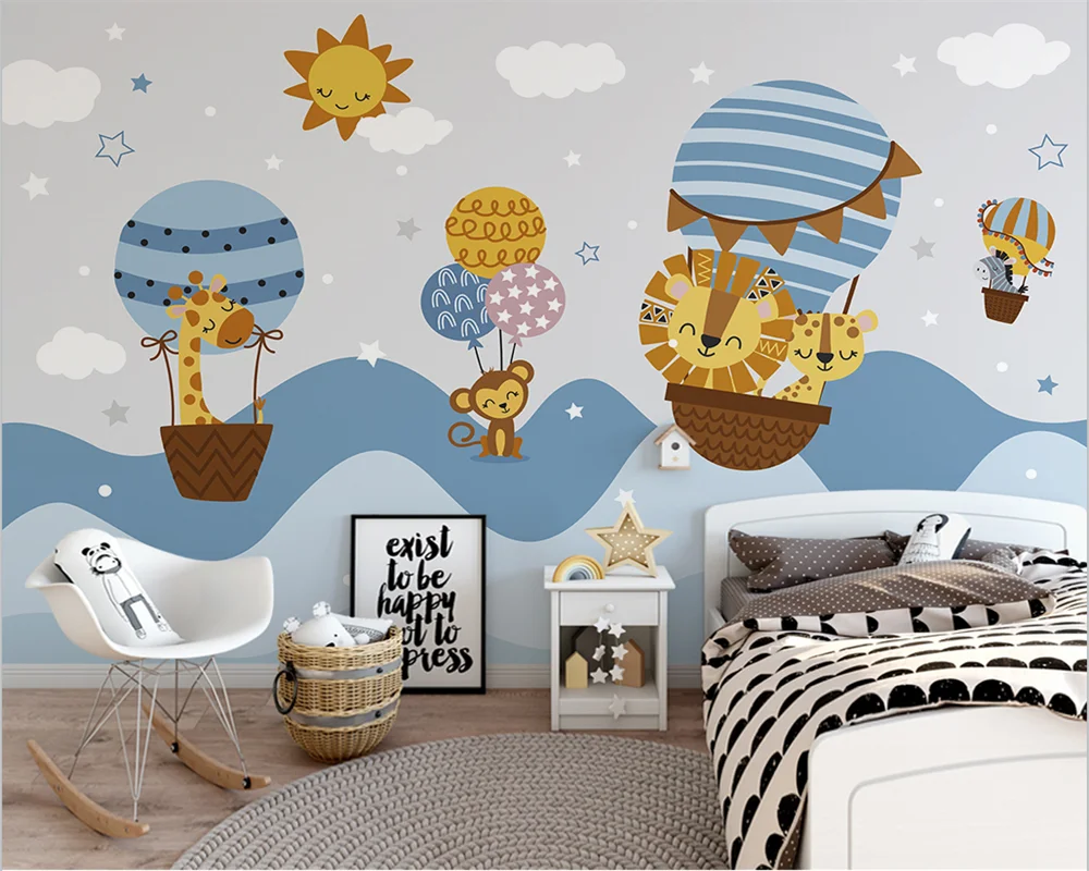 beibehang Custom Modern papel de parede Nordic Hand Painted Hot Air Balloon Small Animal Children's Bedroom Background Wallpaper