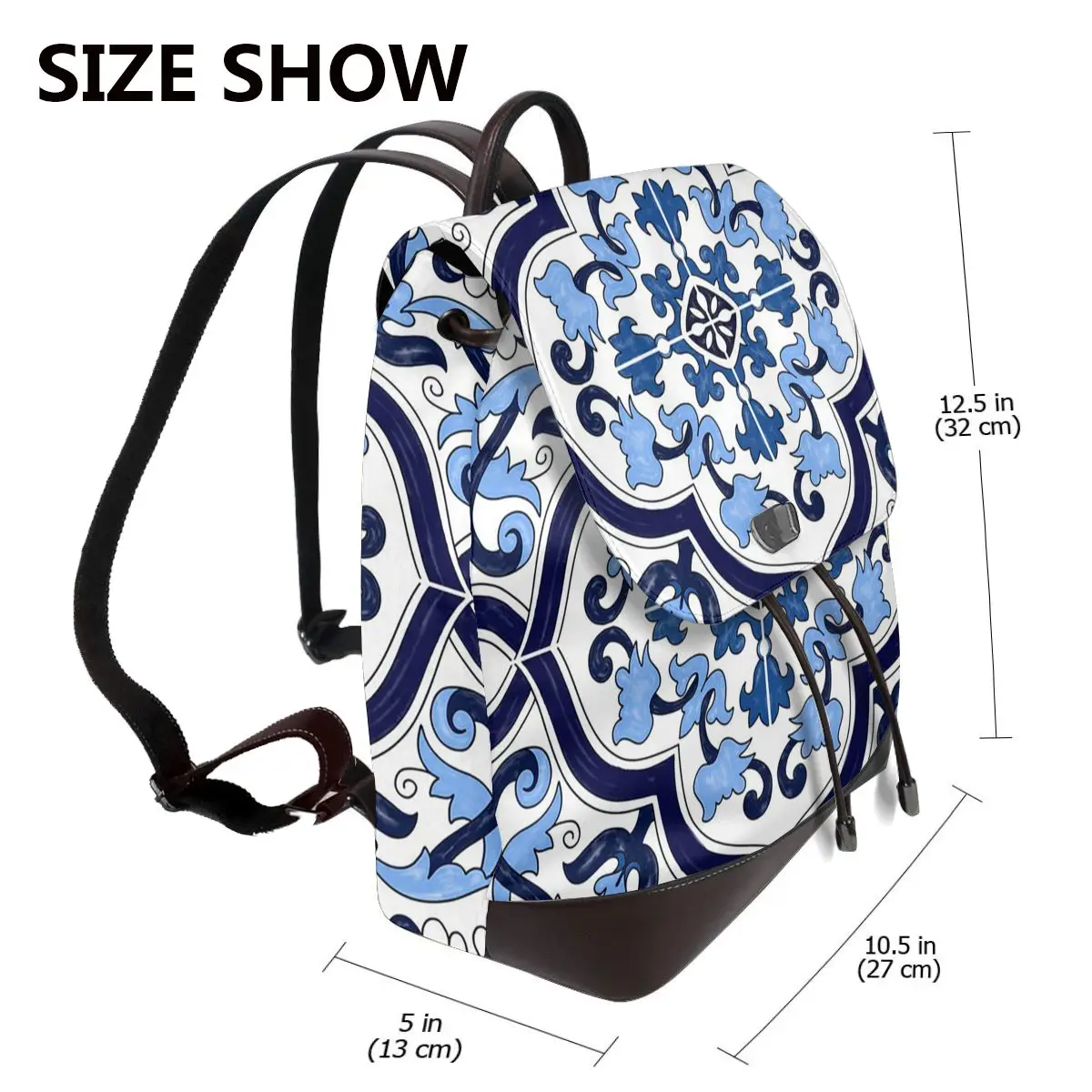 Blue Ornate Floral Mediterranean Sicilian Tile Bookbag School Student Bags Hiking Travel Daypack for Women Derma Backpack
