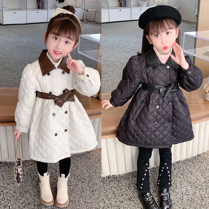

Winter New Girls PU Leather Jacket Long Patchwork Lapel Single Breasted Thick Warm Trench Coat For 2-6Y Girls Cotton Outwear