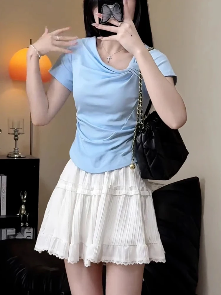 

Новая женская юбка А-силуэта с кружевной отделкой, завышенной талией, укороченная, для ранней весны 2026, повседневная, однотонная