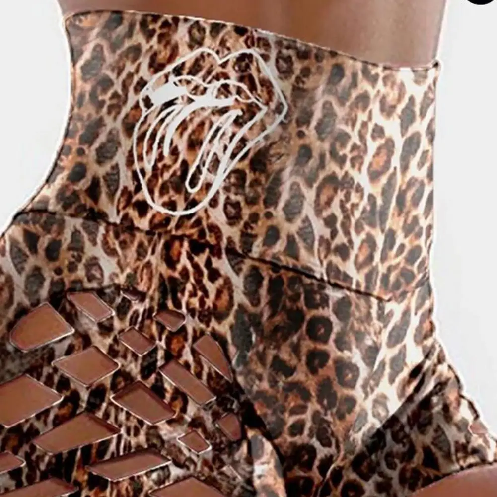 Yoga Shorts Hollow Out Wide Elastic Waistband Hip Lifting Tight Shorts Leopard Print High-Waist Sweatpants Gym Clothing