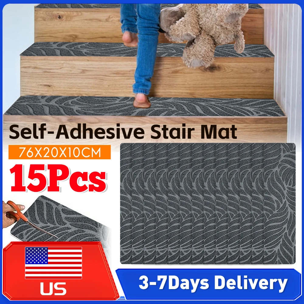 

15pcs Self-Adhesive Stair Mat 76x20cm Anti-Slip Step Pad Treads Carpet Washable for Indoor Home Stairs Living Room Floor Decor ﻿