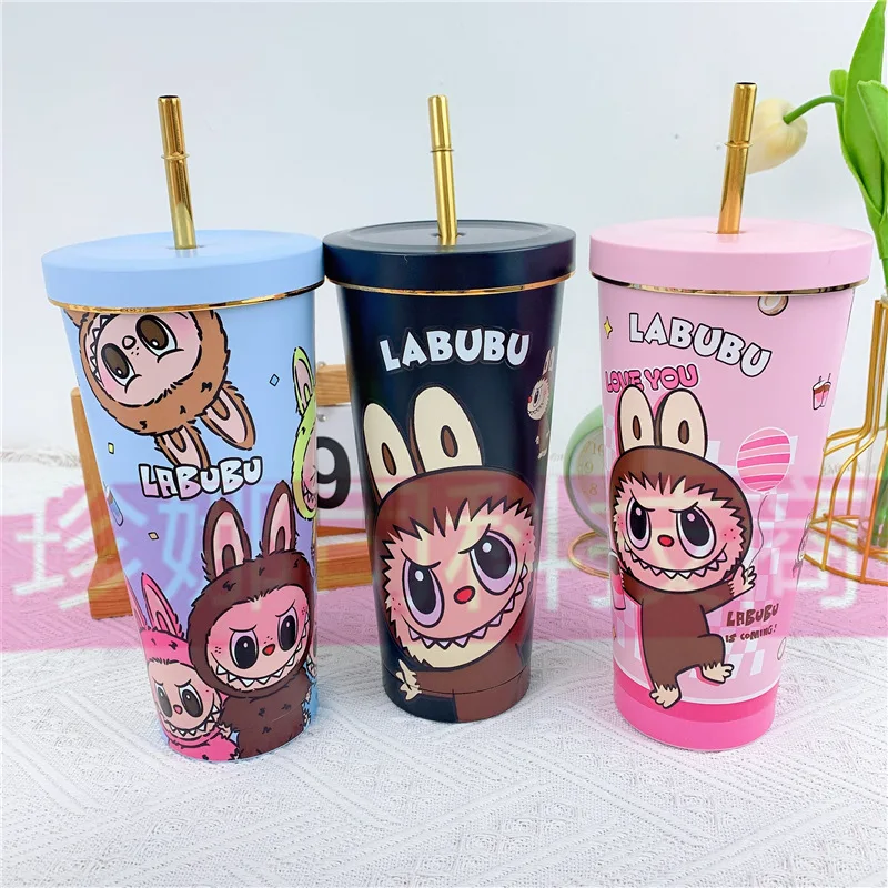 2024 Labubu Periphery 750ml Insulated Cup Cute Cartoon Insulated Ice Cup Stainless Steel Cartoon Water Bottle Car Cup Kid Gift