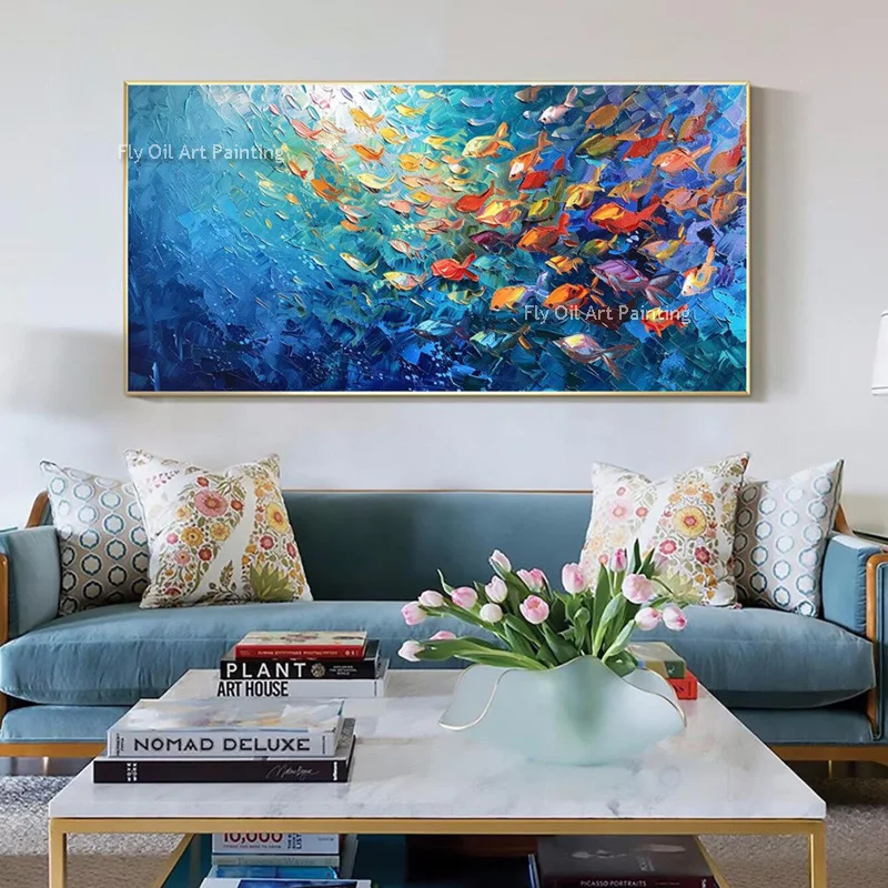 Blue Sea View Abstract Oil Painting Handmade School Of Fishes Thick Canvas Wall Art Deep Sea Artwork For Living Room Decor