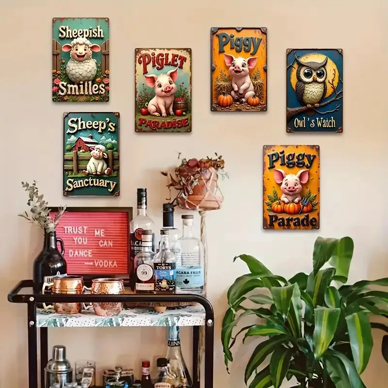 2D Flat, 6pcs Retro Farm-Themed Metal Wall Art Sign - Country Style Decoration, Including Sheep, Pigs, Owls And Farmhouse Design
