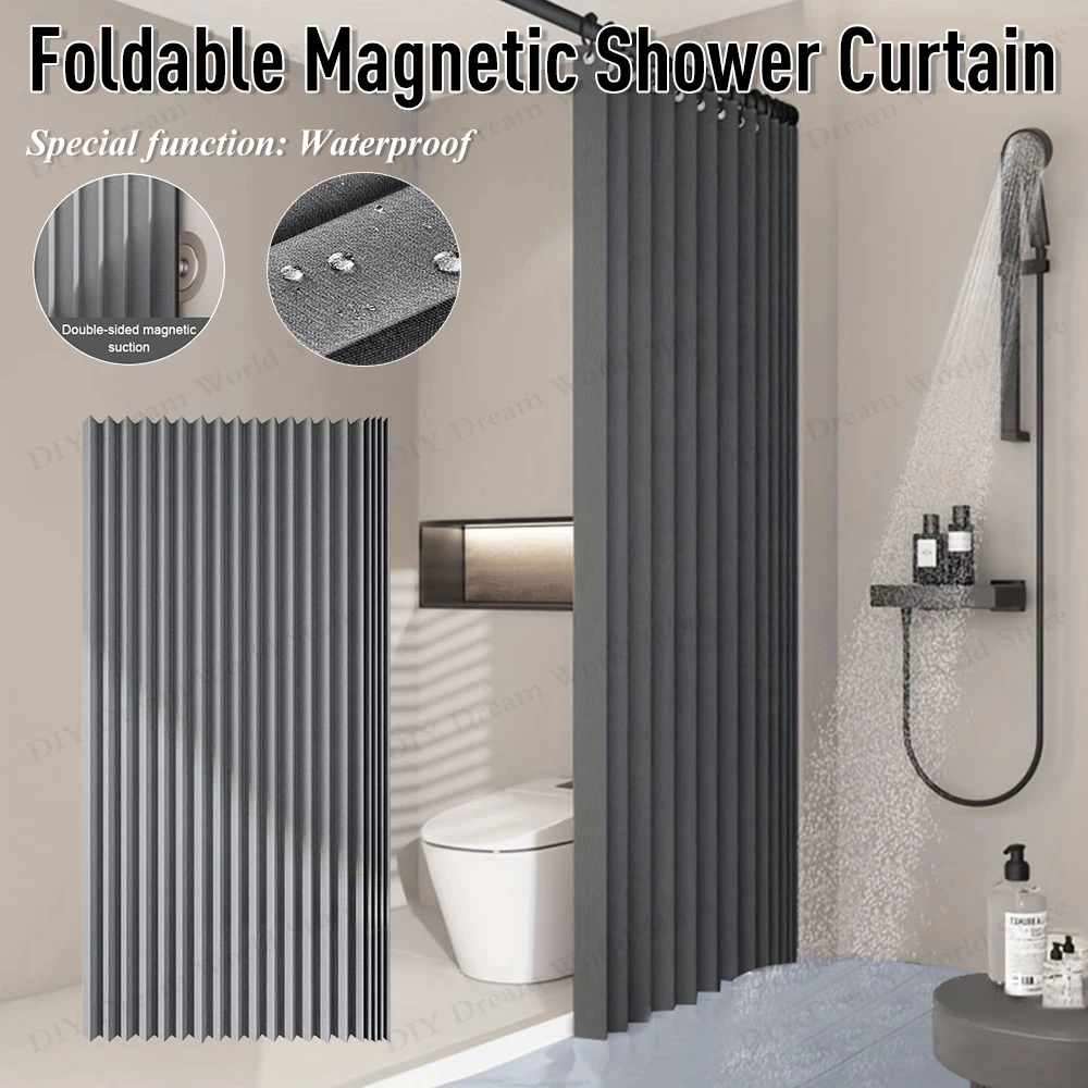 

Foldable Magnetic Bathroom Curtain Bathtub Curtain with 14 Hooks Waterproof Privacy Bathroom Divider Modern for Bathroom