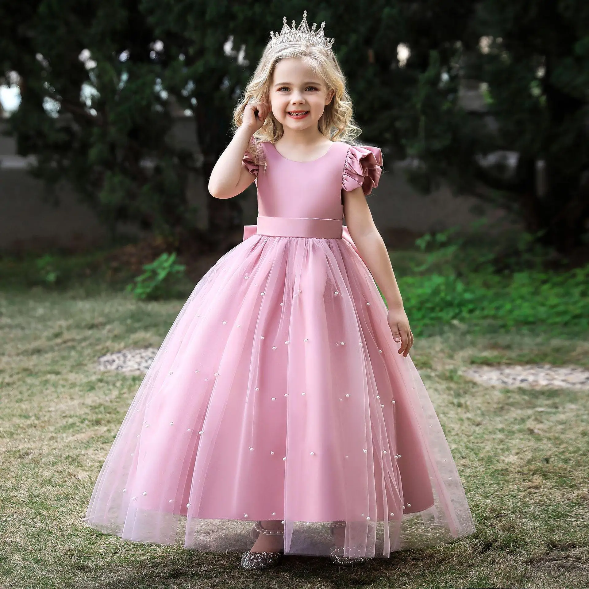 Elegant Piano Performance Costume Girls Evening Dress Bowknot Wedding Dress Backless Girl Princess Dress Children Birthday Dress