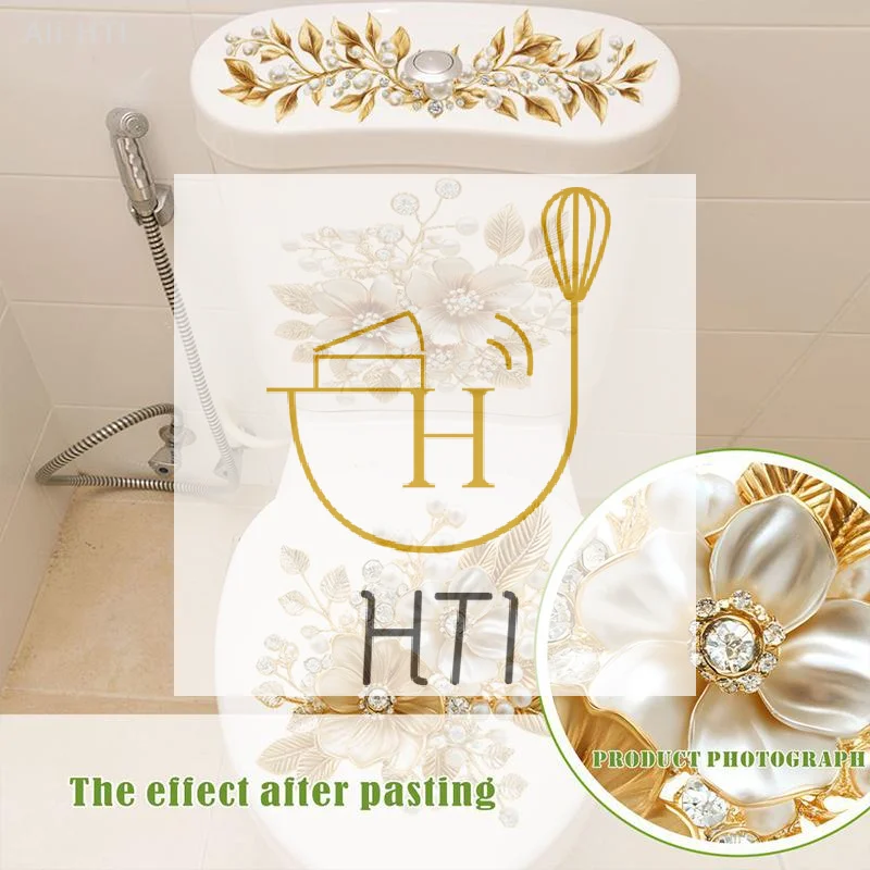 Luxury Diamond-Encrusted Gold Floral Toilet Decorative Sticker Self-Adhesive Waterproof And Durable