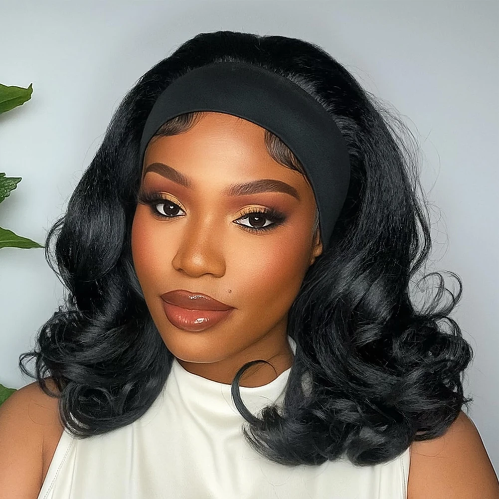 14 Inch Yaki Curly Headband Wigs for Kinky Straight Black Headband Curly Ends Synthetic Wear and Go Glueless Half Wig with Headbands Attached for Daily Party Use