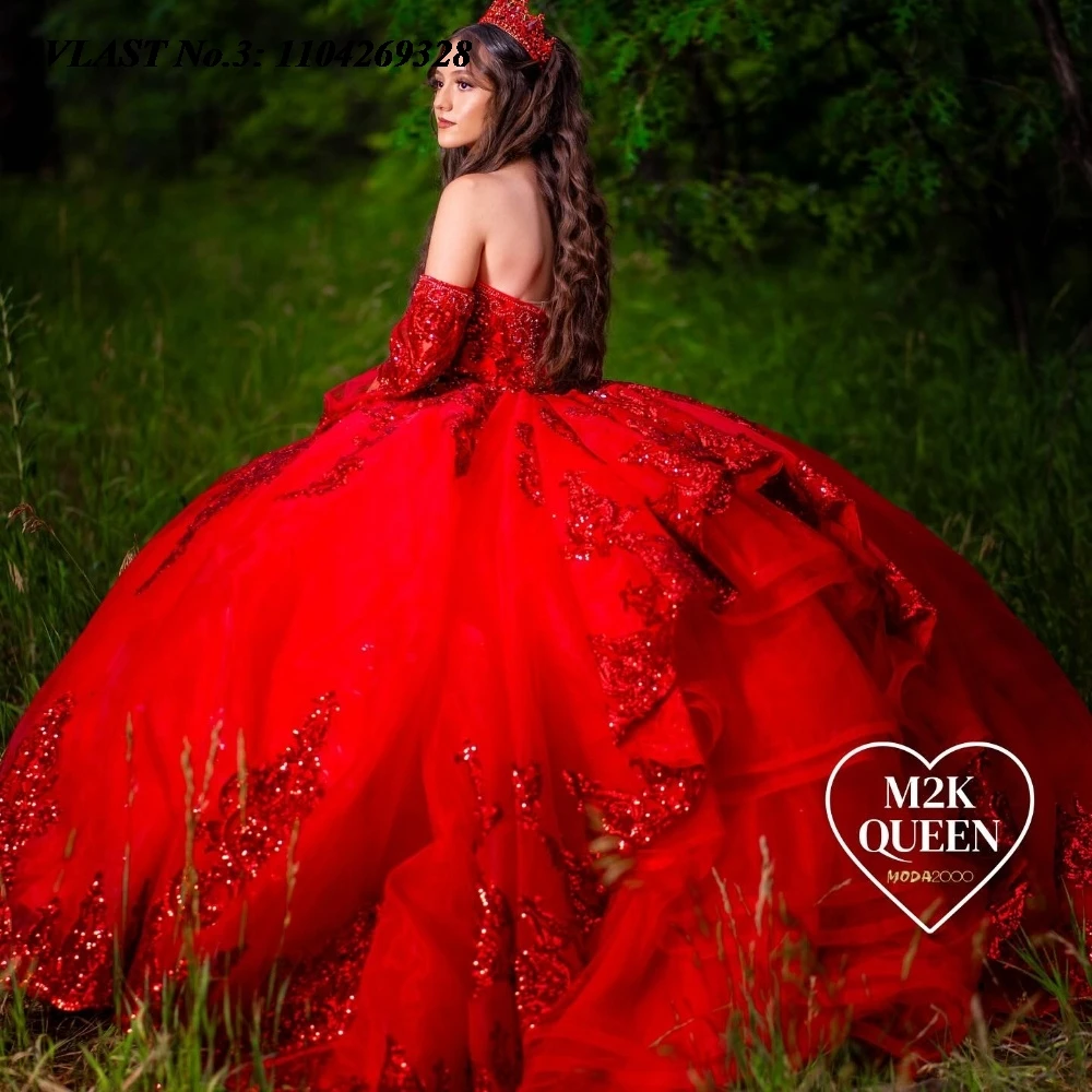 EVLAST disesuaikan mengkilap merah Quinceanera gaun gaun gaun payet payet Applique manik-manik kembali manis 16 Vestidos De 15 Anos E3Q40