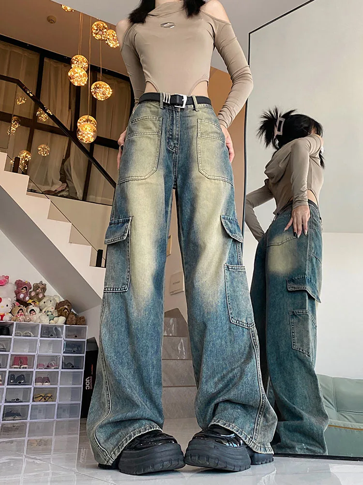 

Fashion Streetwear Zippers Pockets Y2k Pant High Waist Loose Wide Leg Jeans Women 2023 Spring Harajuku Grunge Pantalon