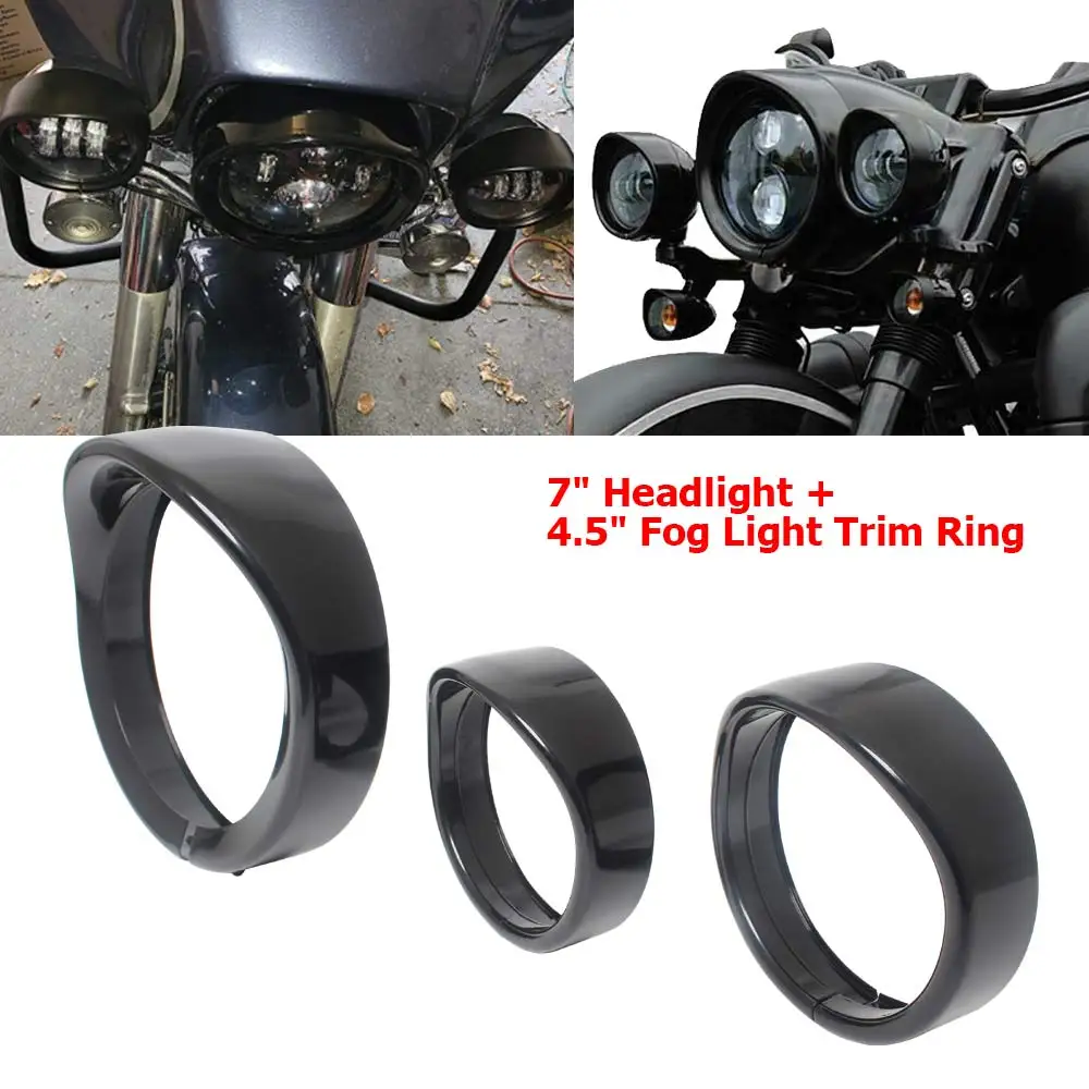 For Harley Touring Road King Street Electra Glide Softail Motorcycle 7" Headlight Trim Ring 4.5" Fog Light Trim Ring Cover