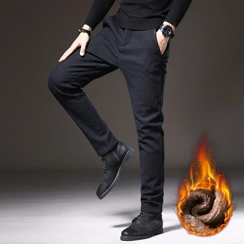 Brand Winter New Men\'s Wool Warm Casual Pants Business Fashion Fleece Thick Office Stretch Trousers Male Plus Size 28-38