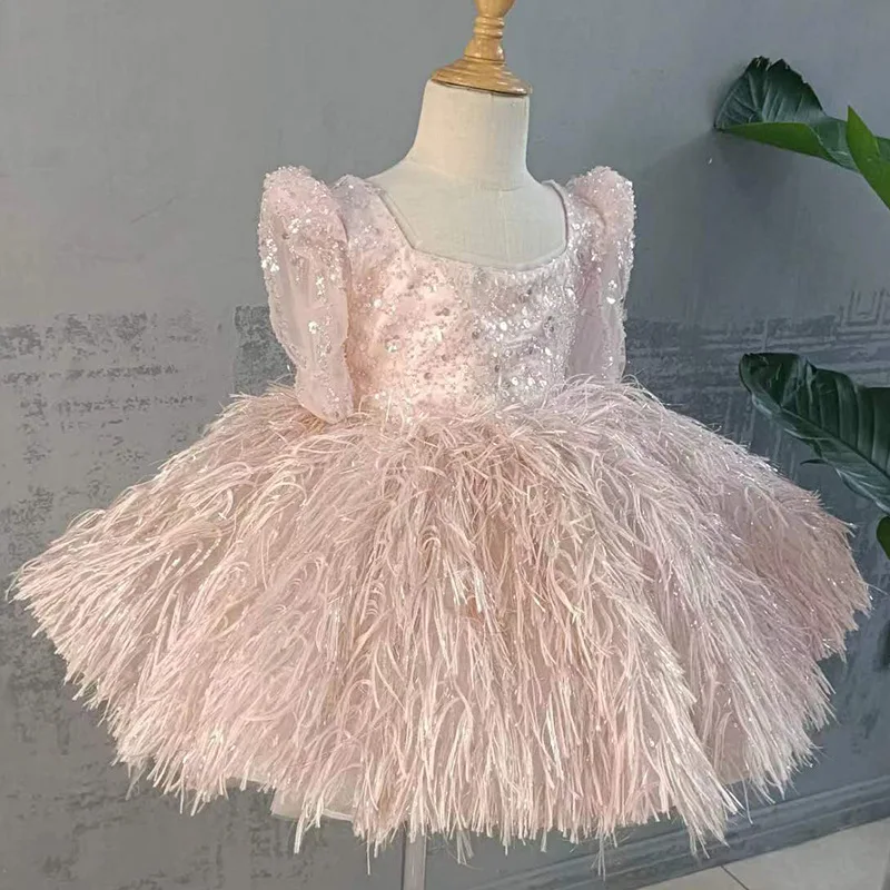 Luxury Pink Crystals Puffy Flower Girl Dresses 2023 Square Neck Sleeves Sequined Kids Birthday Pageant First Communion Gowns