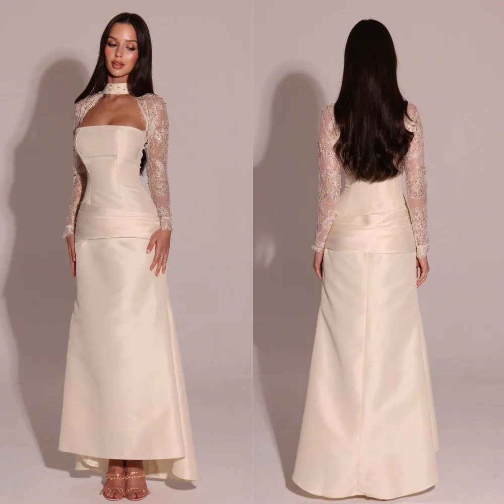 

Customized Chinese Style Sexy Pleat Lace Beading Mermaid High Collar Midi Dresses Bespoke Occasion Dresses Exquisite Fashion
