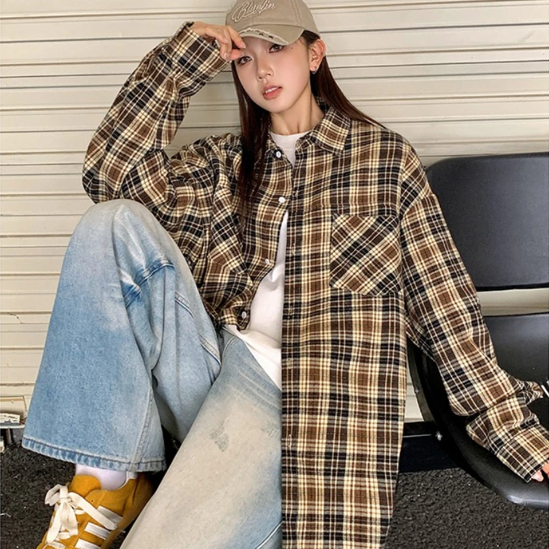 

New Vintage Women Oversized Long Sleeve Plaid Shirt Yellow Blouse Tops Autumn Winter Button Down Loose Lapel Pocket Shirt Korean