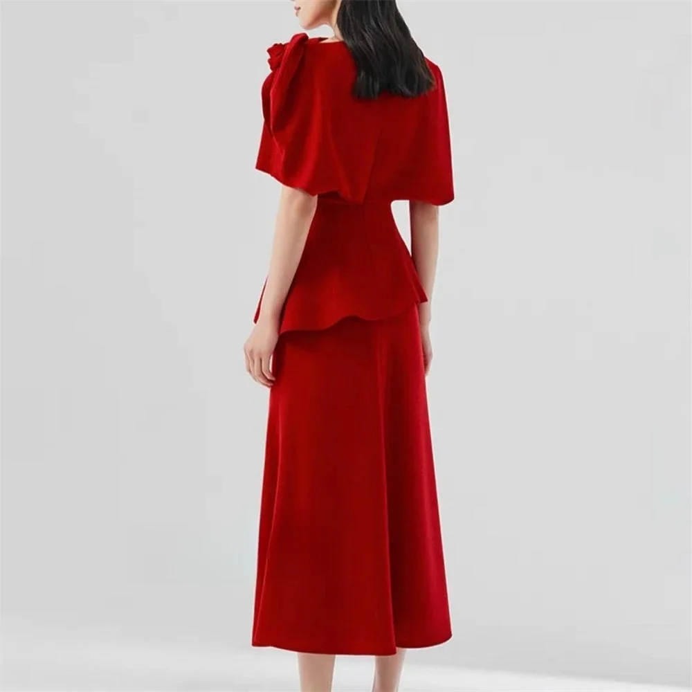 Tea Length Red Chiffon Long Bespoke Occasion Gown Evening Dresses Prom Pastrol Unisex Jersey Retro Dubai Saudi Arabic Customized