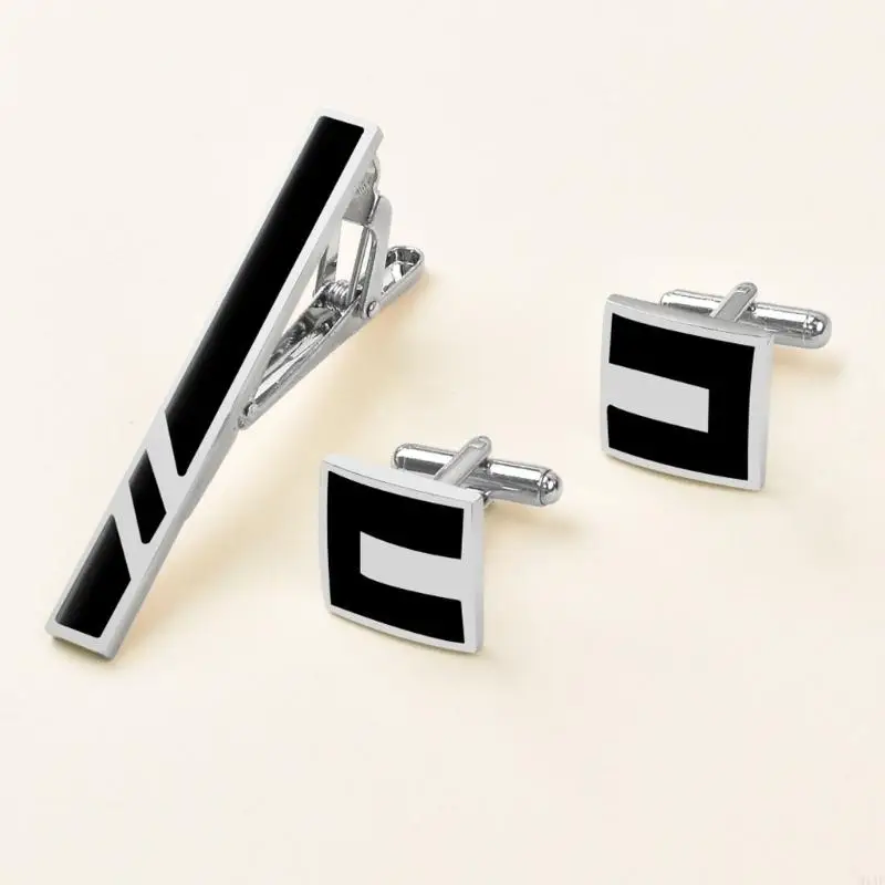 91AF Elegant Checkered Tie Clip And Cufflinks Set In Premium Copper For Formal Attire