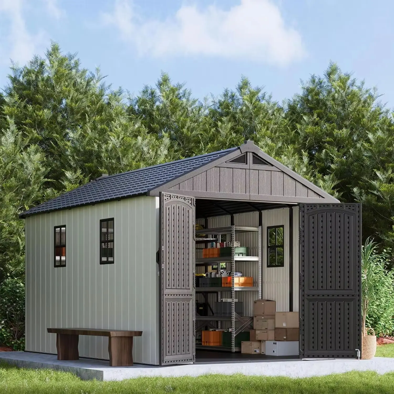 8x12 FT Outdoor Storage Shed, Plastic Shed Resin Garden Shed with Floor & Window & Lockable Door for Patio Furniture, Backyard