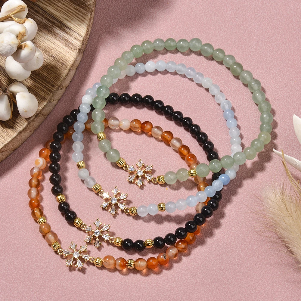 Elegant 4mm Natural Stone Tiger Eye Garnet Round Beads and Brass Snowflake Charm Stretchable Bracelet for Ladies Jewelry