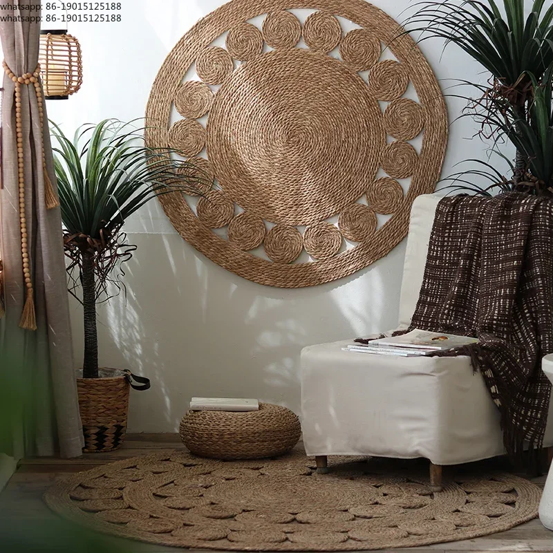 Hand Woven Carpets for Homestay Living Room Home Decor Natural Grass Plants Floor Mats Ethnic Style Hollow Out Pattern Round Rug