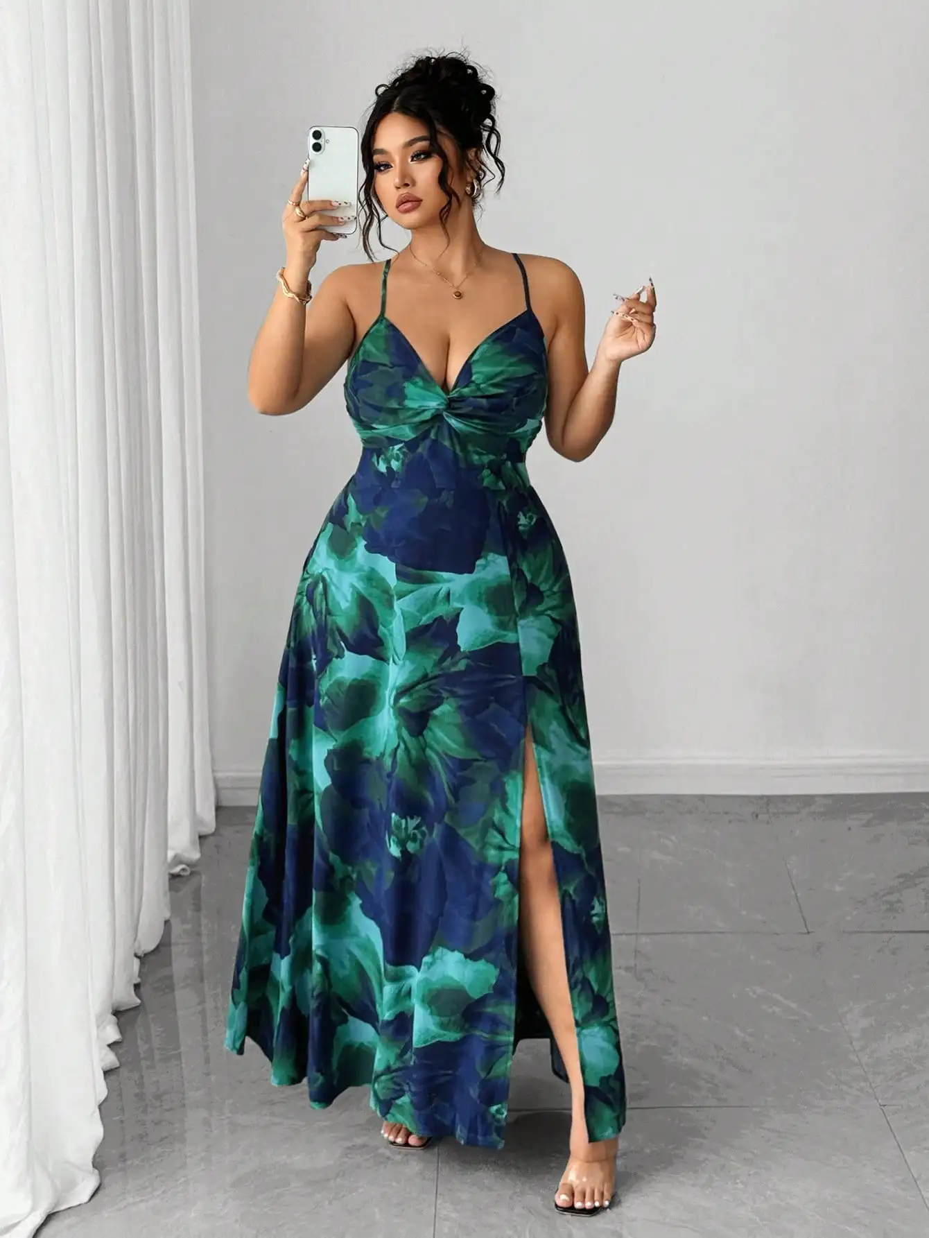 

Платье макси больших размеров с цветочным принтом, завязками спереди и разрезом, для отпуска и свиданий