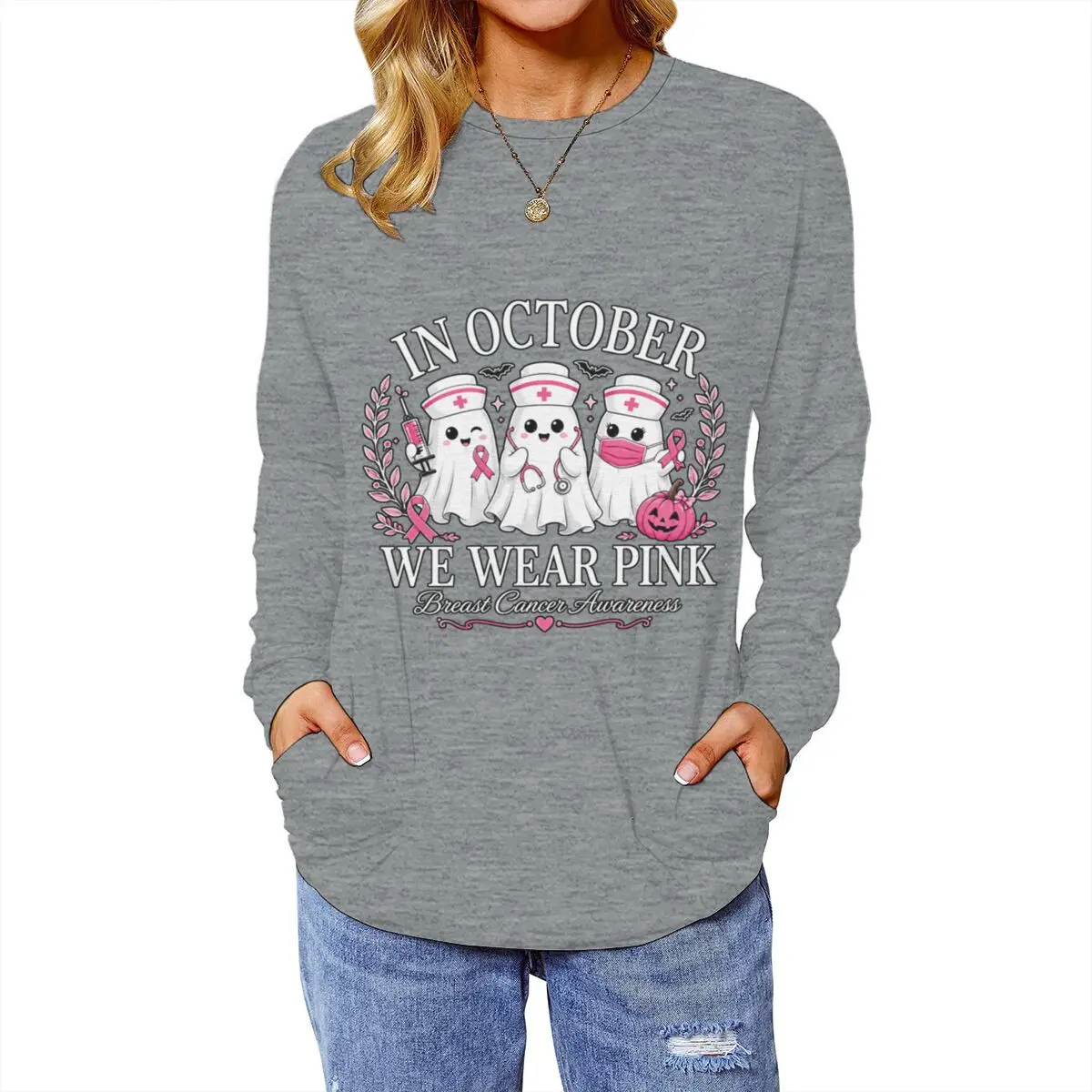 In October We Wear Pink T‑Shirt Halloween Nurse Ghost Breast Cancer Awareness Pink Ribbon Graphic Tee For Healthcare Supporter