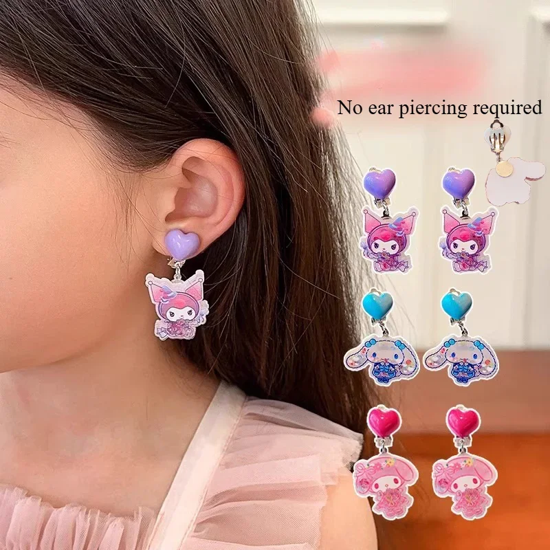 Sanrio Cute Sweet Children's Ear Clip Cinnamoroll Without Ear Holes Cartoon Earrings Kuromi Girls Super Fairy Earrings Jewelry