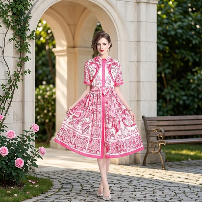 Elegant Celebrity Style Midi Dress Large Floral Print Knee-Length plus Size Women's Fashionable Spring Shirt Dress High Waist image 2