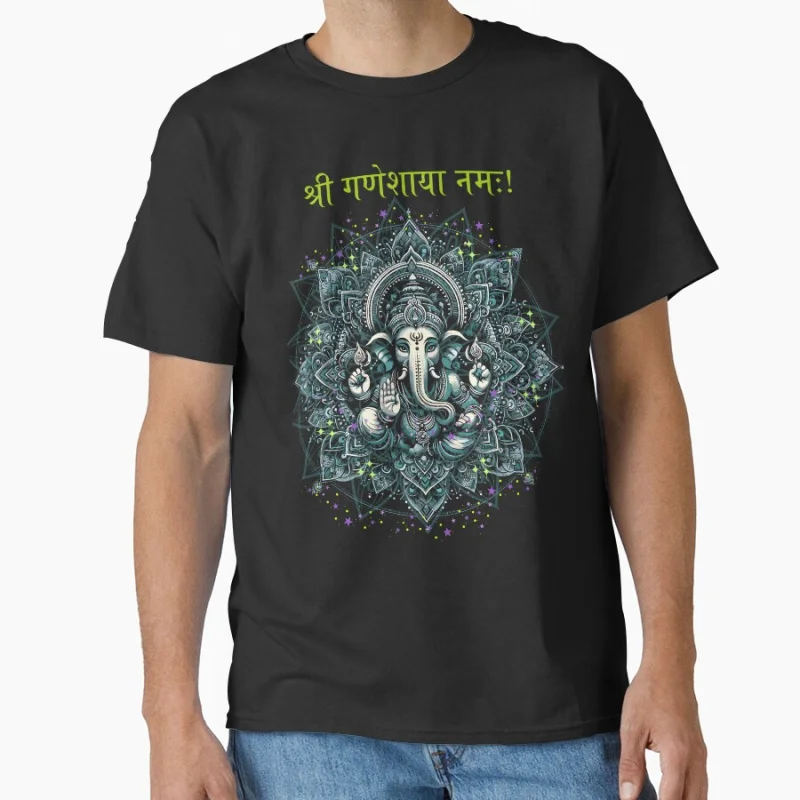 

Mandala Yoga Ganesha florescent Hindu elephant god Ganpati happy diwali rangoli Gift t shirt Large size Tops 100% cotton Clothes