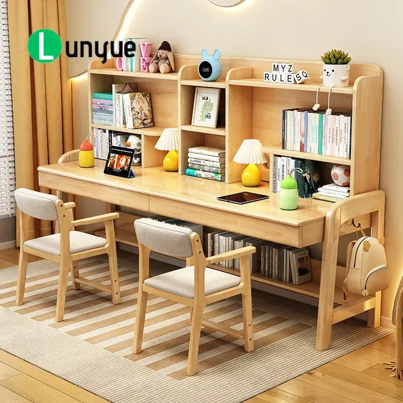 Solid wood double desk bookshelf integrated children's study table multi-person combination primary school students writing