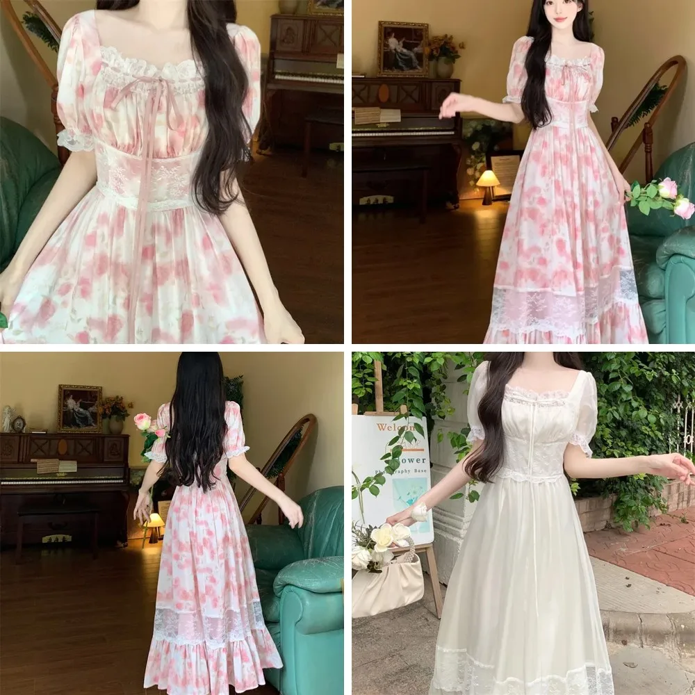 

**Vintage French Lace Dress with Puff Sleeves for Women, Fairy Princess Party Gown**