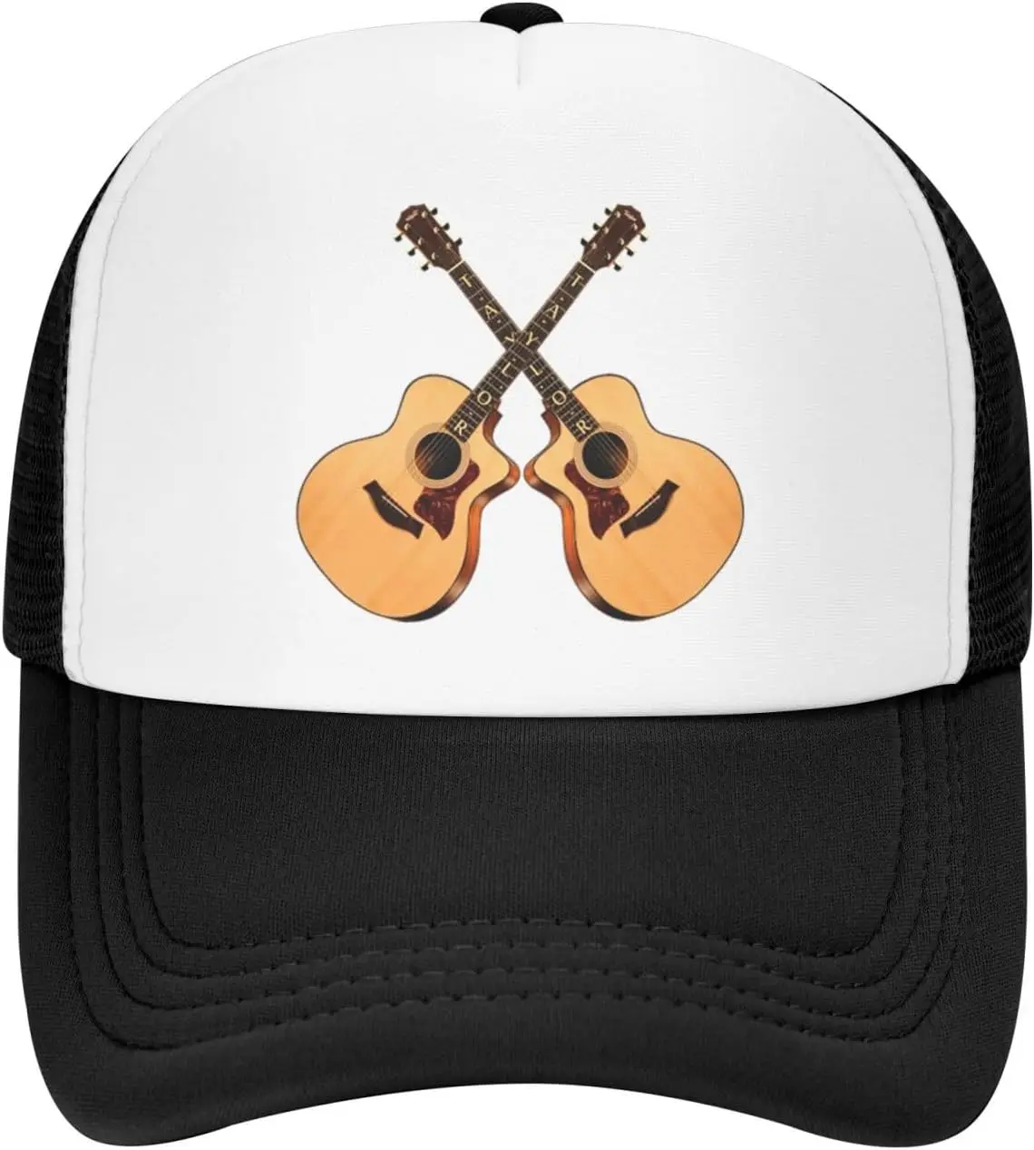 Taylor Akustikgitarren, gekreuzte grafische Trucker-Mütze, Polyester-Mesh-Baseballkappe, Outdoor, verstellbar, Unisex