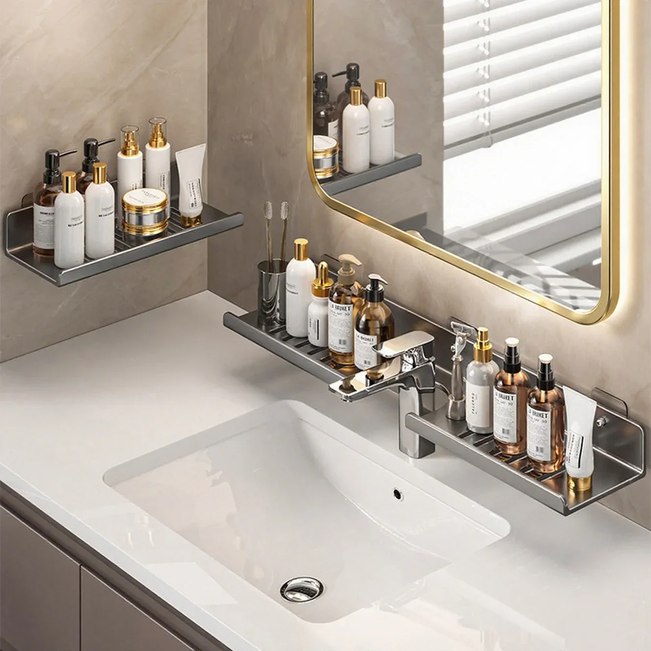 Faucet storage rack U-shaped countertop storage rack carbon steel hole-free wall-mounted household bathroom storage rack