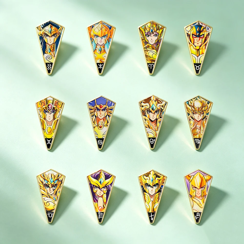 12Pcs Gold Saint Zodiac Brooches Set for Saint Seiya Fans Anime Golden Knight Constellation Character Badges Holiday Friend Gift