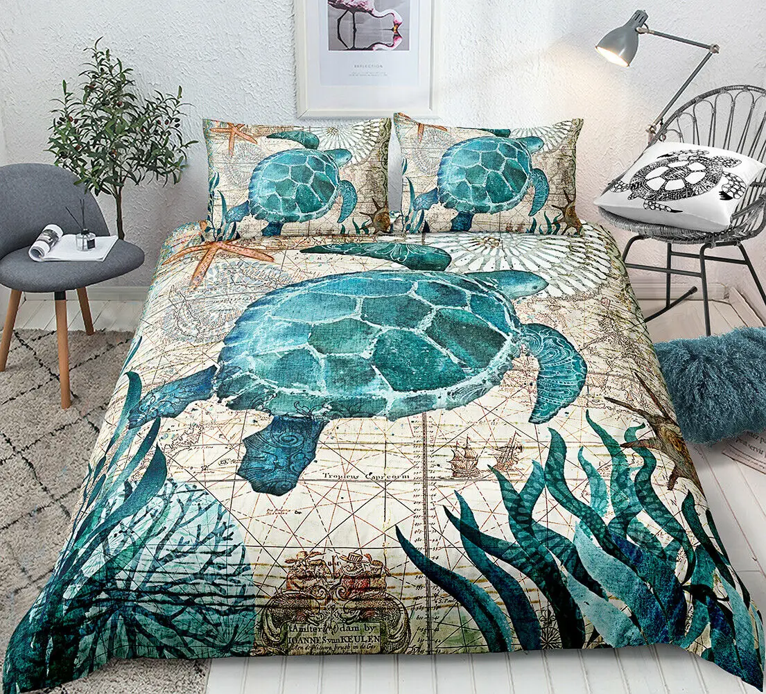 Sea Turtle Bedding Ocean Duvet Cover Set Teal Mediterranean Style Marine Themed Ocean Polyester Bedding Set Queen King Twin Size