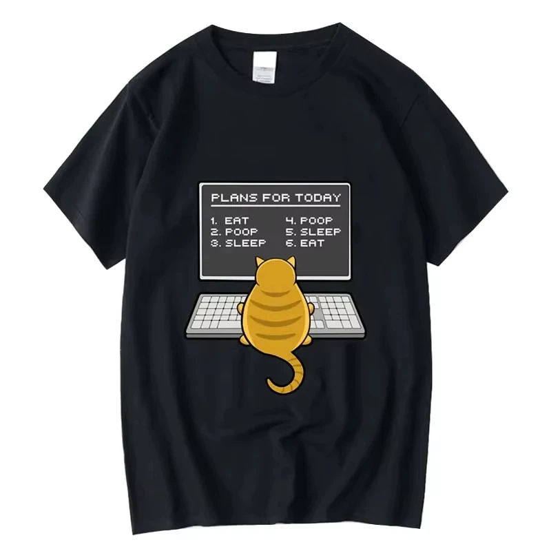 Funny Cat Plans For Today Graphic T‑Shirt Men Women Humor Lazy Cat Laptop Print Casual Short Sleeve Crew Neck Tee