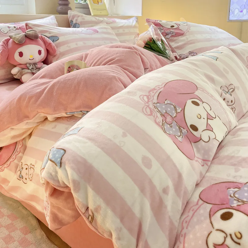 2024 New Sanrio Cartoon Thickened Hello Kitty Milk Velvet Bed Four-piece Set Winter Kuromi Flannel Quilt Cover Dormitory Home