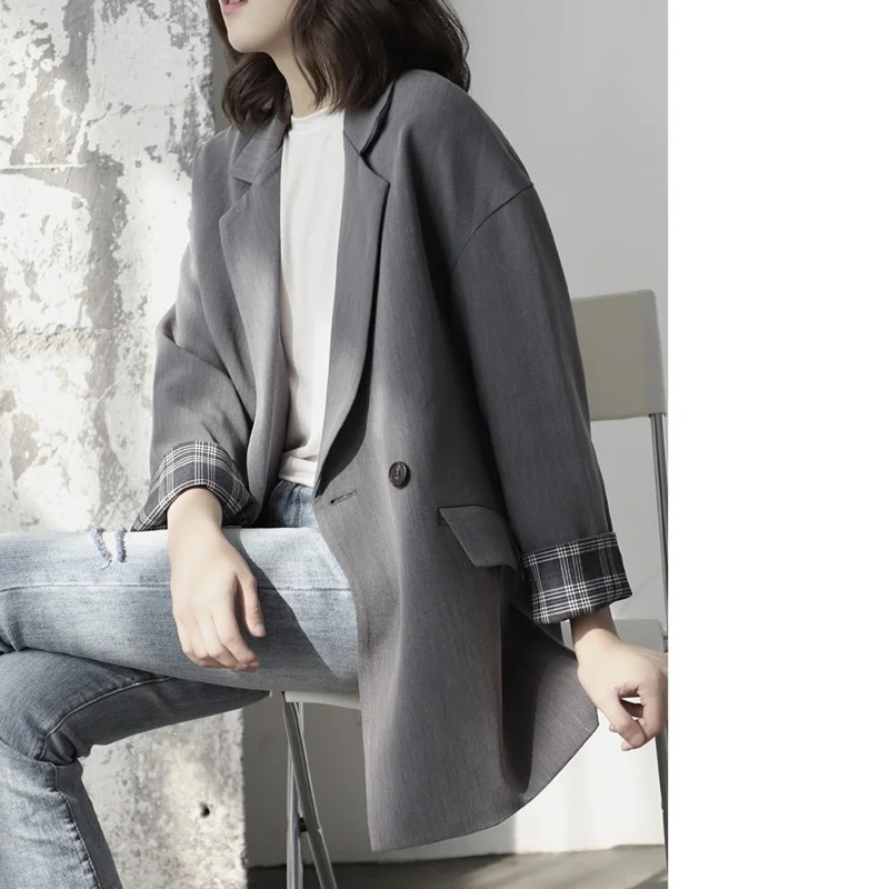 2023 Women Elegant Lapel Single Button Black Blazer Spring Autumn Gray Vintage Jacket Coat Fashion Workwear Female Formal Coats