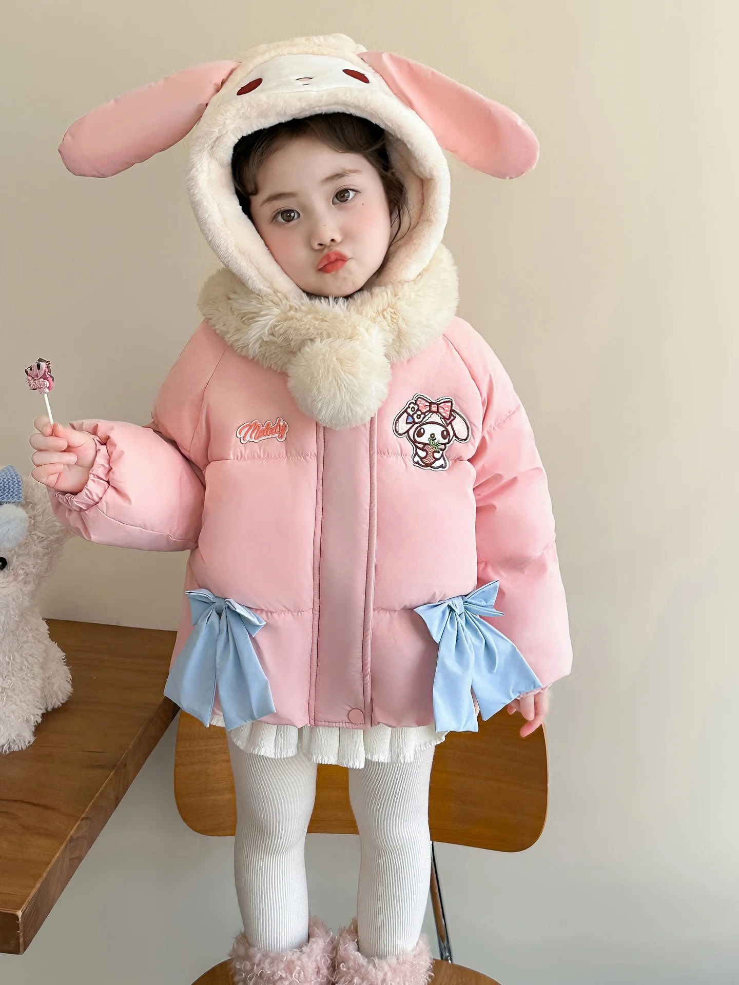 

Хлопковая куртка Thiened Fce на подкладке с капюшоном для девочек, зима 2025, модное теплое хлопковое пальто для маленьких девочек, милое свободное пальто на молнии