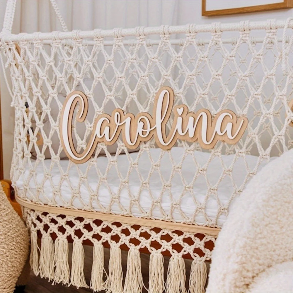 Custom Wavy Border Wooden Name Plaque, Personalized Double Layer Name Sign for Wall Decor, Custom Baby Shower Wood Gift