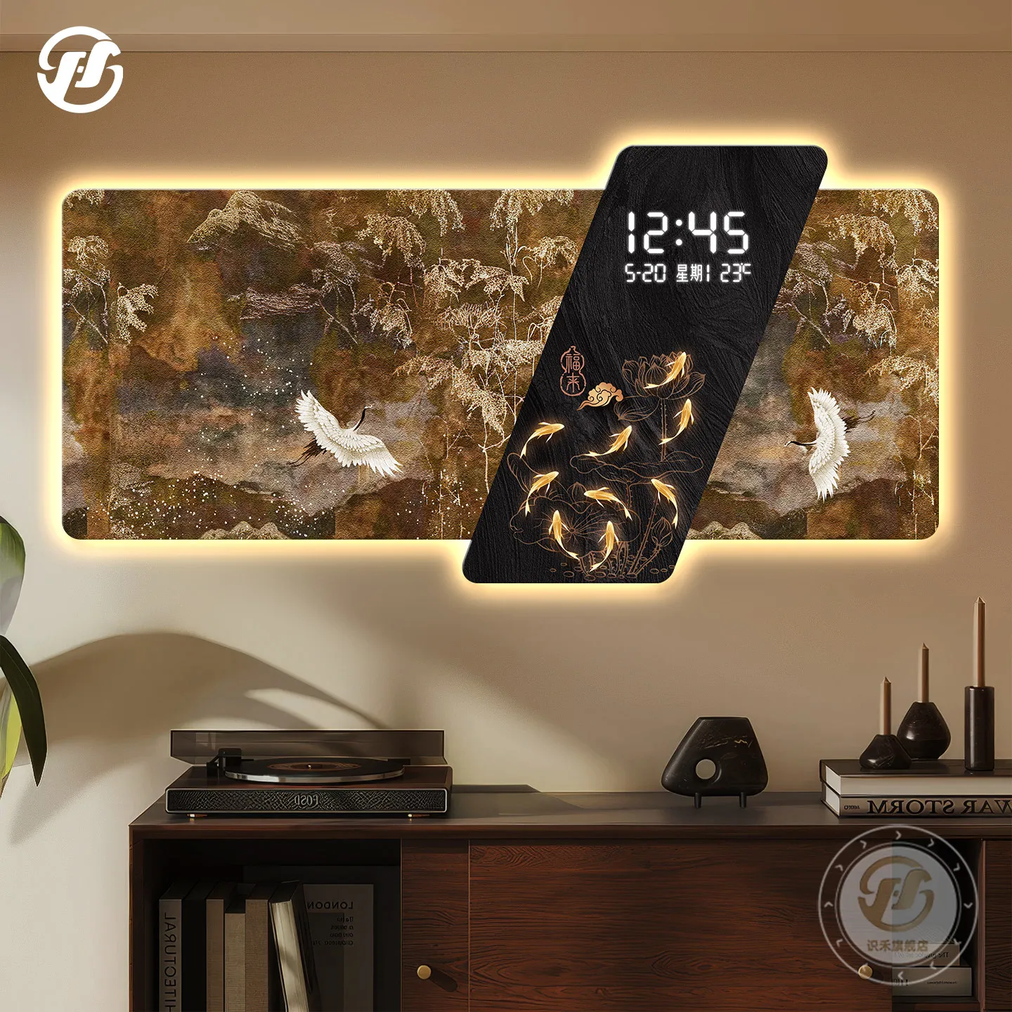 Ancient style crane digital clock hanging painting in the living room sofa, light luxury, high-end feeling, illuminated light pa