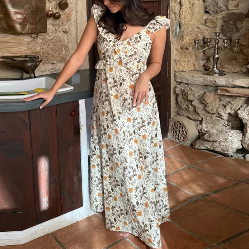 Abito lungo da donna con stampa grafica Boho Beach Scollo a V con volant Abito a trapezio Abito elegante da donna con allacciatura senza schienale Abito lungo