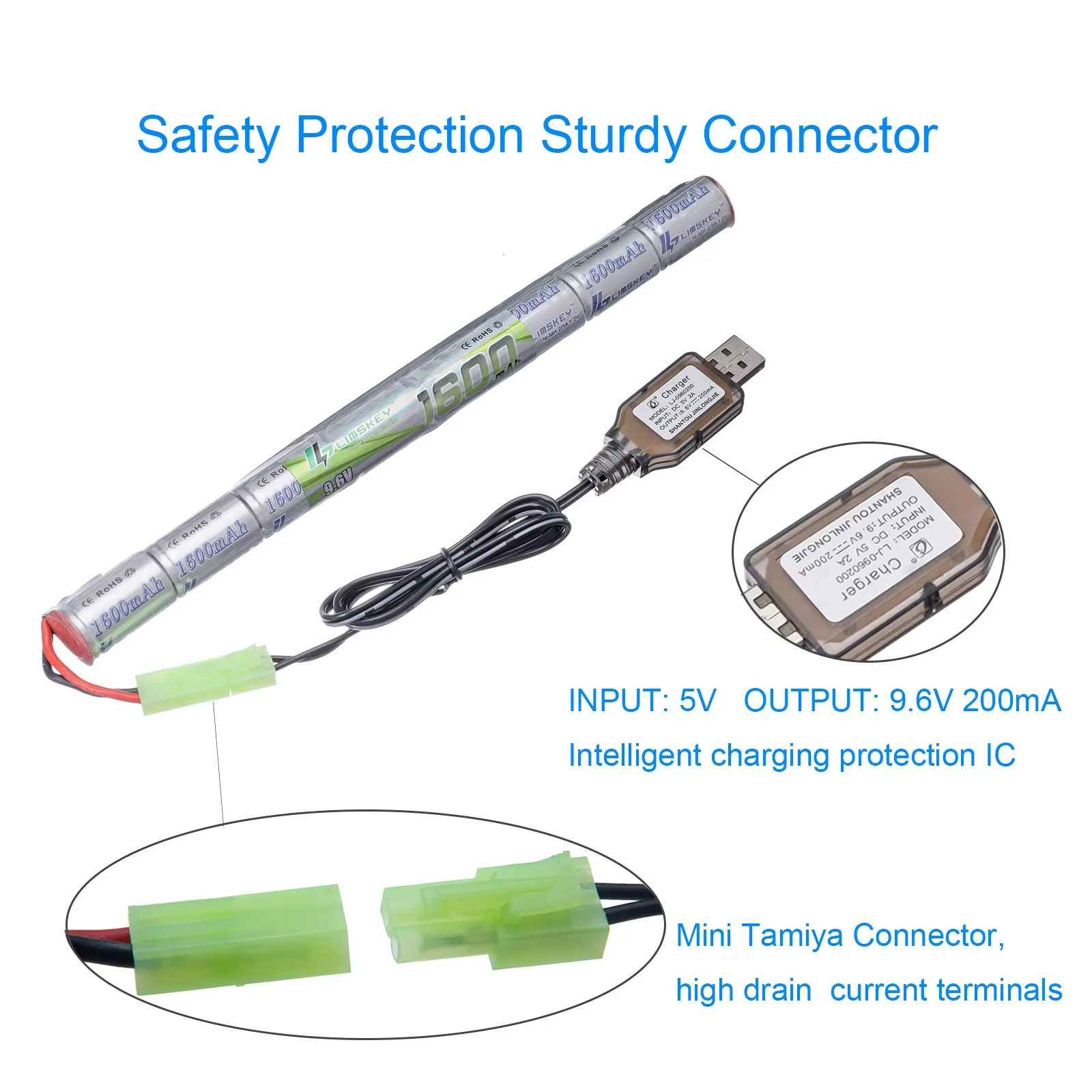 8S 2/3A 9.6v 1600mAh Stick NIMH Battery Pack and USB Charger for Airsoft Guns,CAR15,MC51,FNP90,AUGRT,AUGM,G3A4,G36