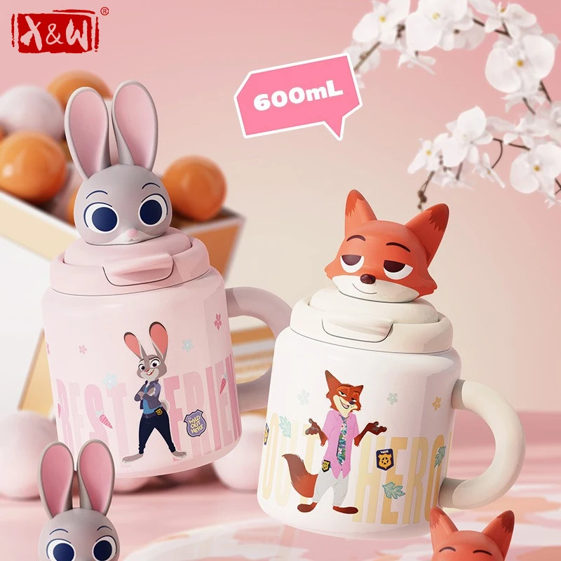 

Новая термокружка X&W для Zootopia, 600 мл, с трубочкой, из нержавеющей стали, с изображением Джуди и Ника, портативная, настольная, для кофе и воды
