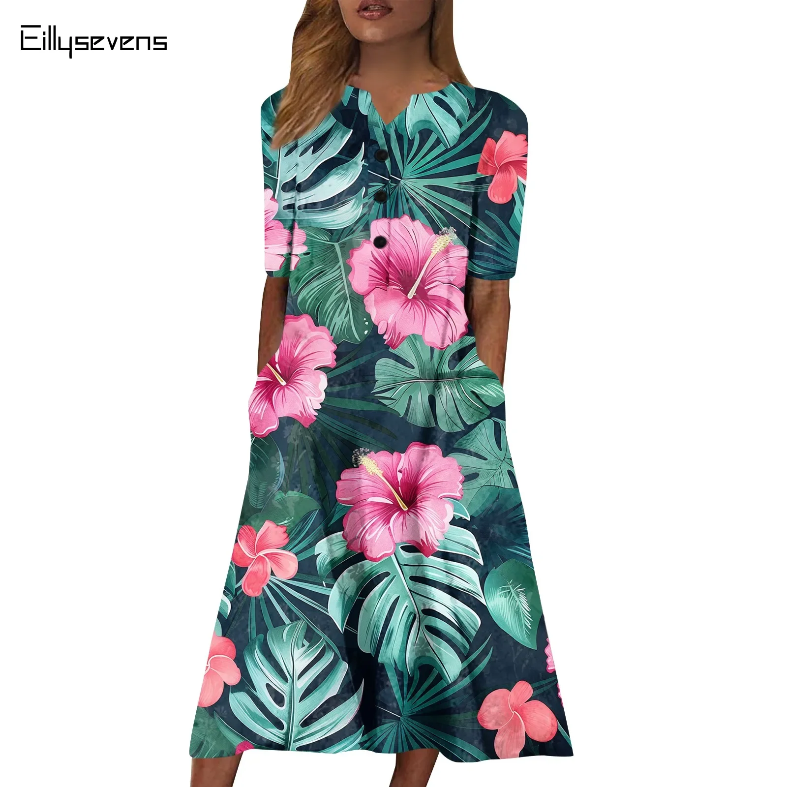 Floral Print Midi Dress For Women 2024 New Fashion Vintage Short Sleeve Front Button Lapel Female Seaside Dresses