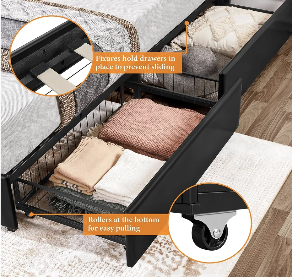 إطار سرير منجد مع 4 أدراج ولوح أمامي قابل للتعديل ، منصة جلد صناعي ، مرتبة أساس St ، مقاس كوين #5